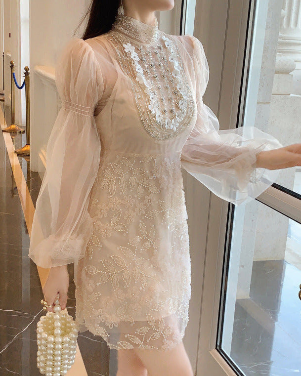JENNIFER APRICOT FLORAL BEADED TULLE MINI DRESS