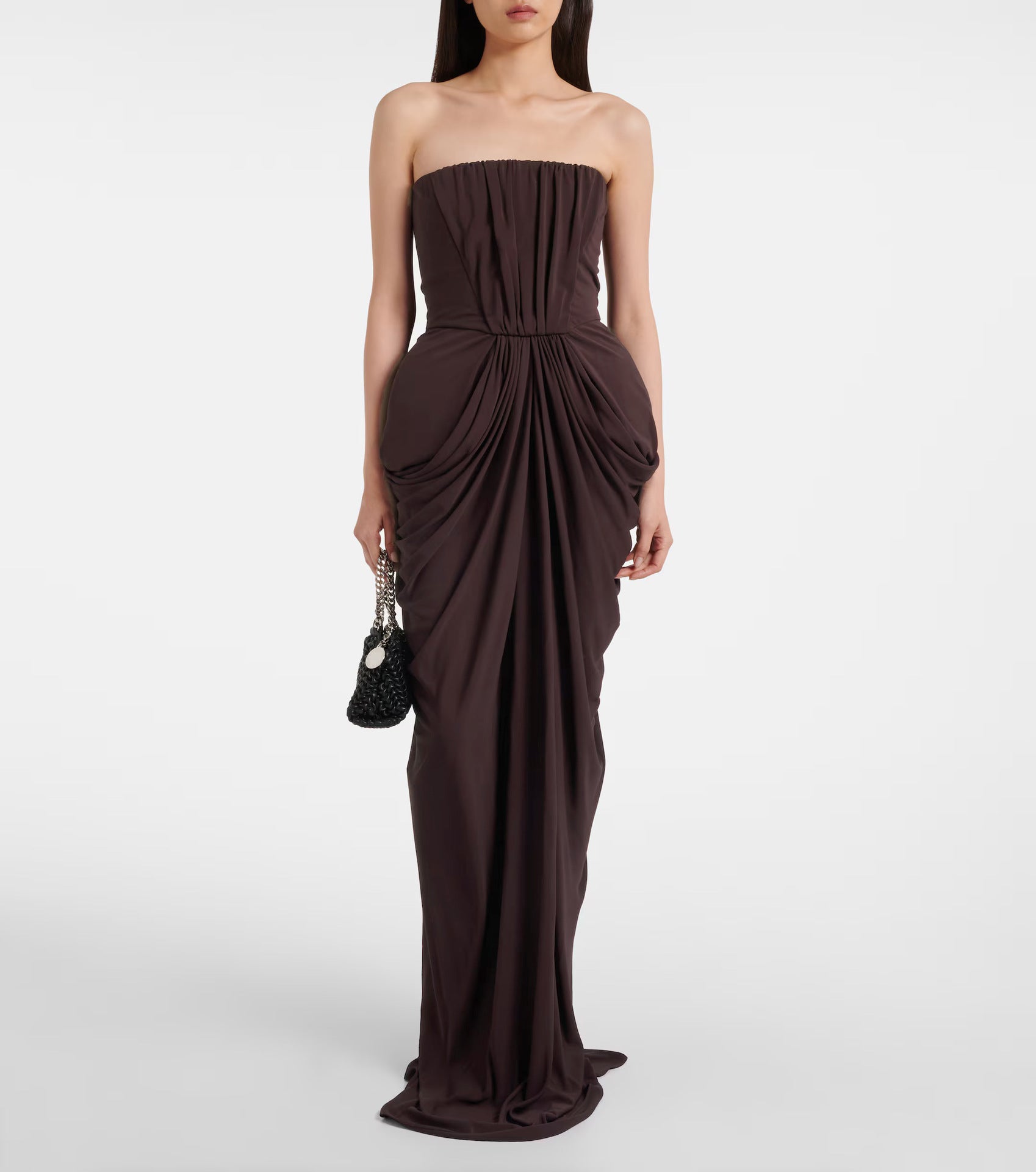 SIMONA BROWN STRAPLESS PLEATED GOWN