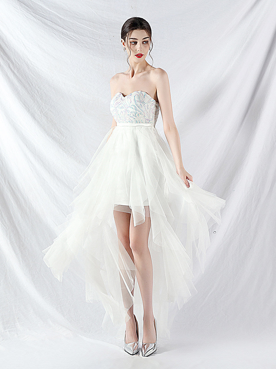 STRAPLESS SEQUIN TULLE MIDI DRESS FOR PARTY