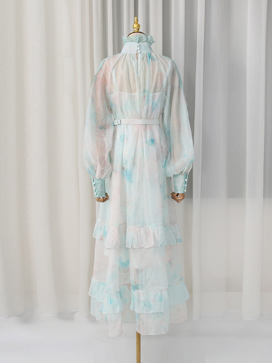OLGA FLORAL LANTERN SLEEVE SHEER MAXI DRESS