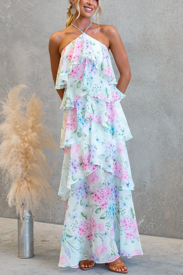 FLORAL RUFFLE HALTER MIDI DRESS FOR SUMMER