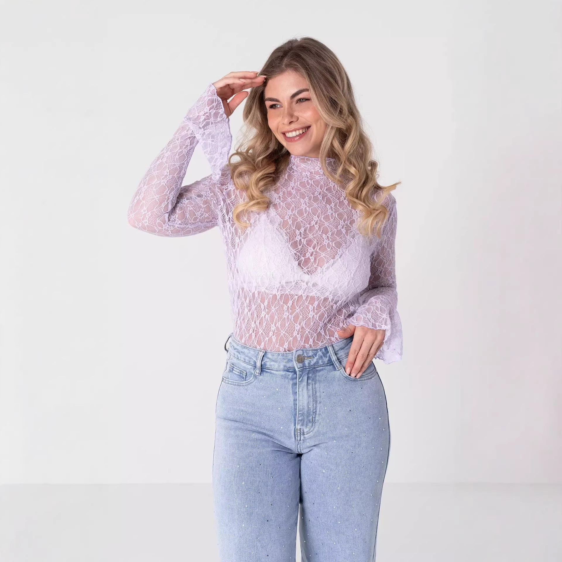 LACE LONG SLEEVE SHEER CUT-OUT TOP