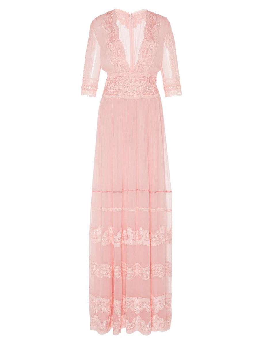 BLUSH PINK LACE V-NECK MAXI DRESS, ROMANTIC