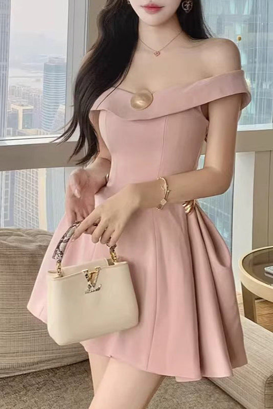 METAL A-LINE OFF-SHOULDER PINK PARTY DRESS