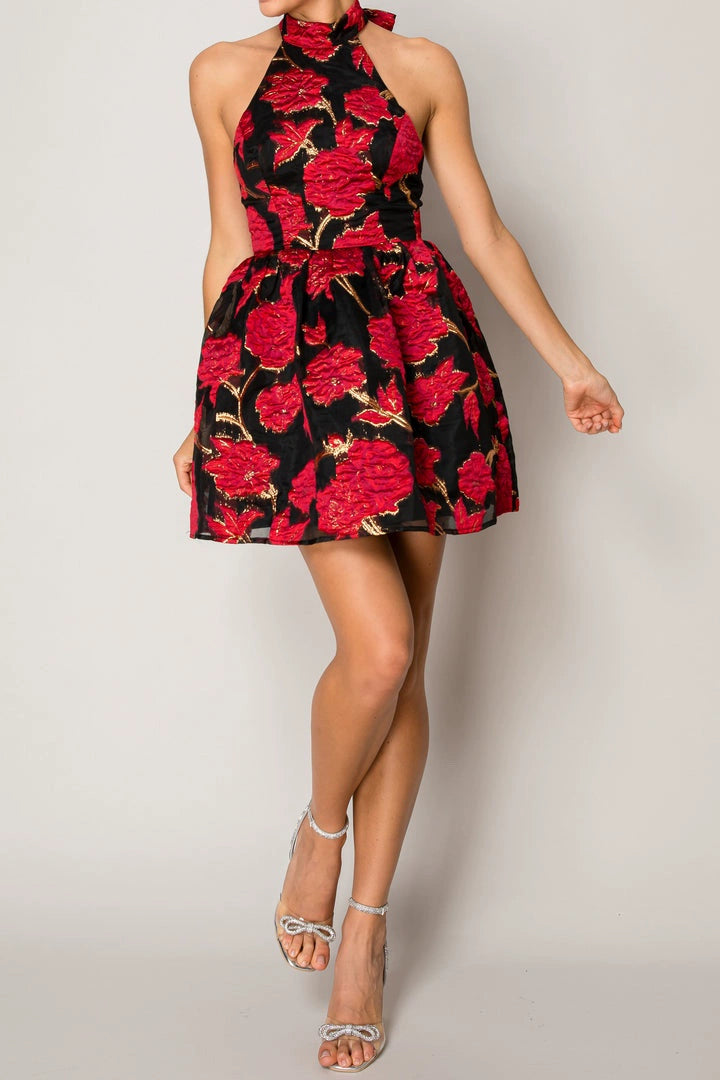 JACQUARD HALTER BACKLESS A-LINE MINI DRESS