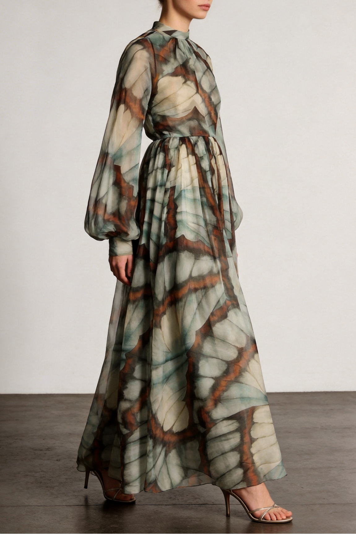 ABSTRACT BUTTERFLY PRINT CHIFFON MAXI DRESS, BOHO PARTY