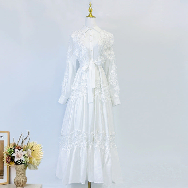 HOLLOW LACE MIDI DRESS WITH FLAPPED SPLICING IN WHITE