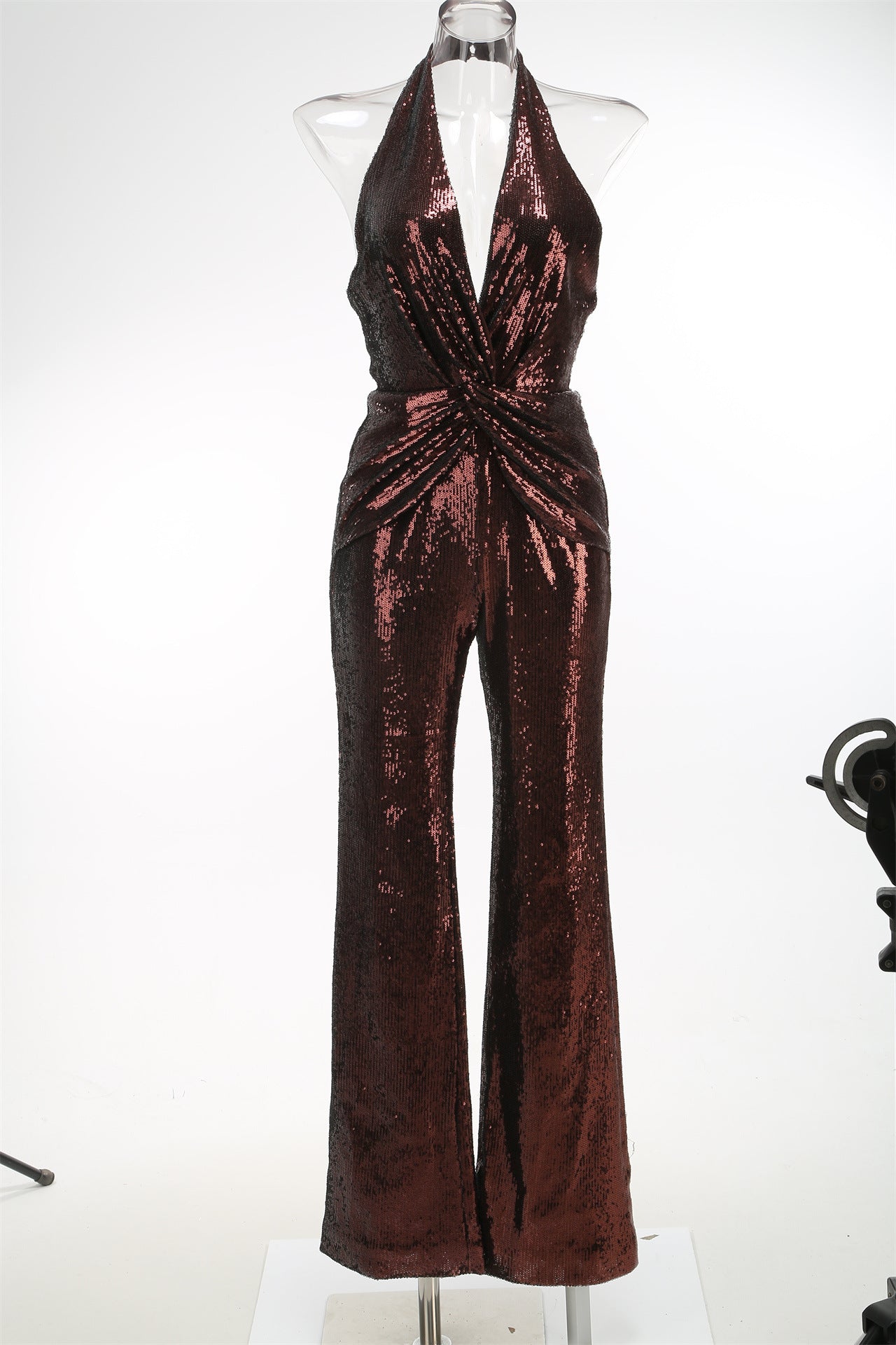 NORA BROWN SEQUIN HALTER FLARED JUMPSUIT