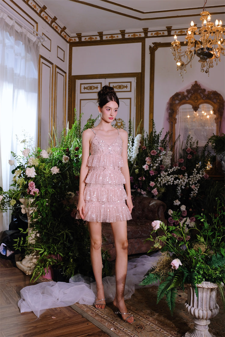 PINK SLEEVELESS SEQUIN RUFFLE SHORT PARTY DRESS