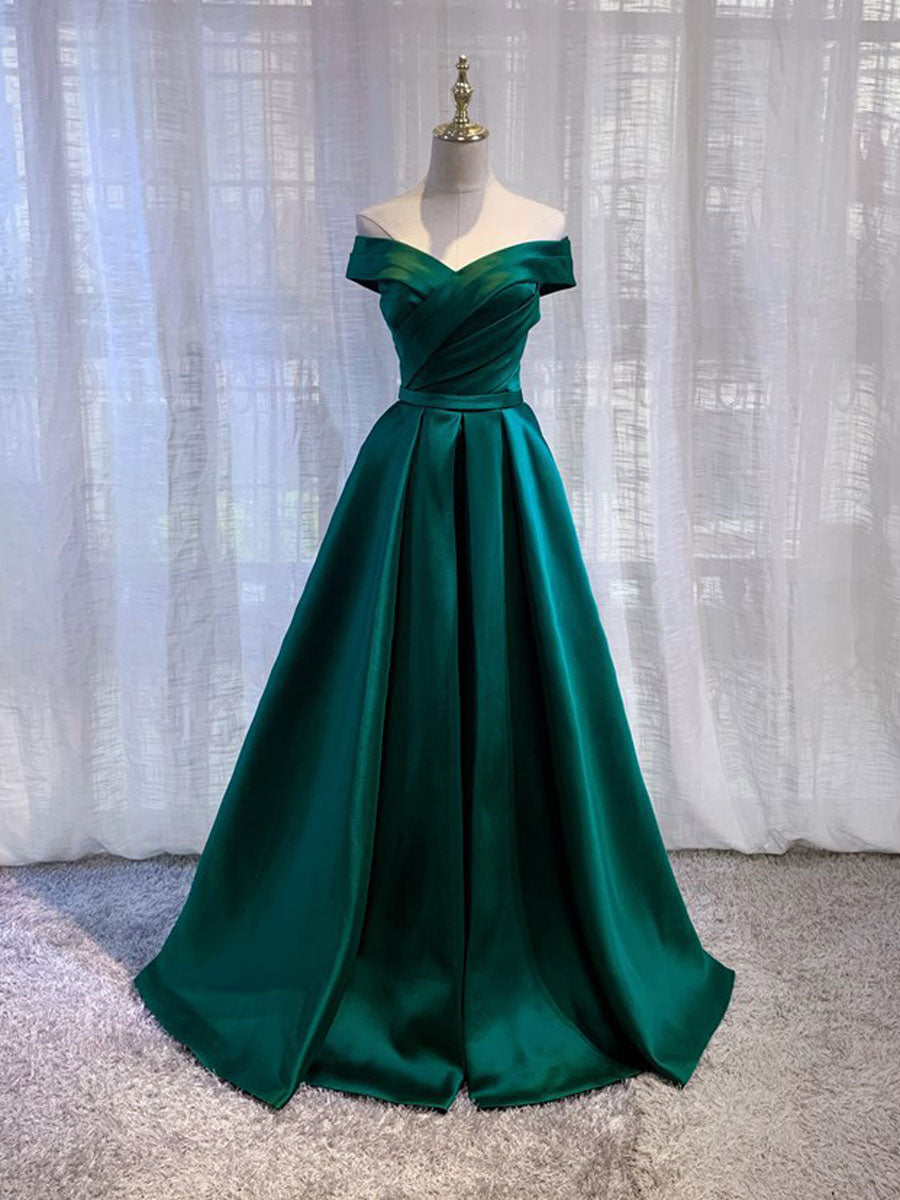 LUXE GREEN SATIN OFF-SHOULDER COCKTAIL DRESS