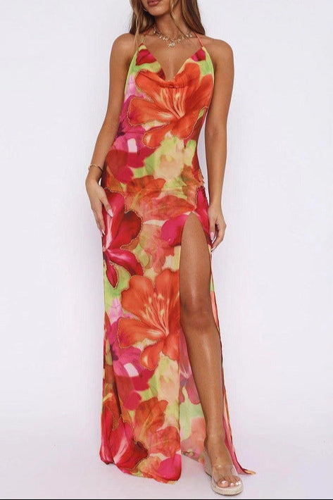 FALLING TROPICAL BLOOM HIGH SLIT MAXI DRESS