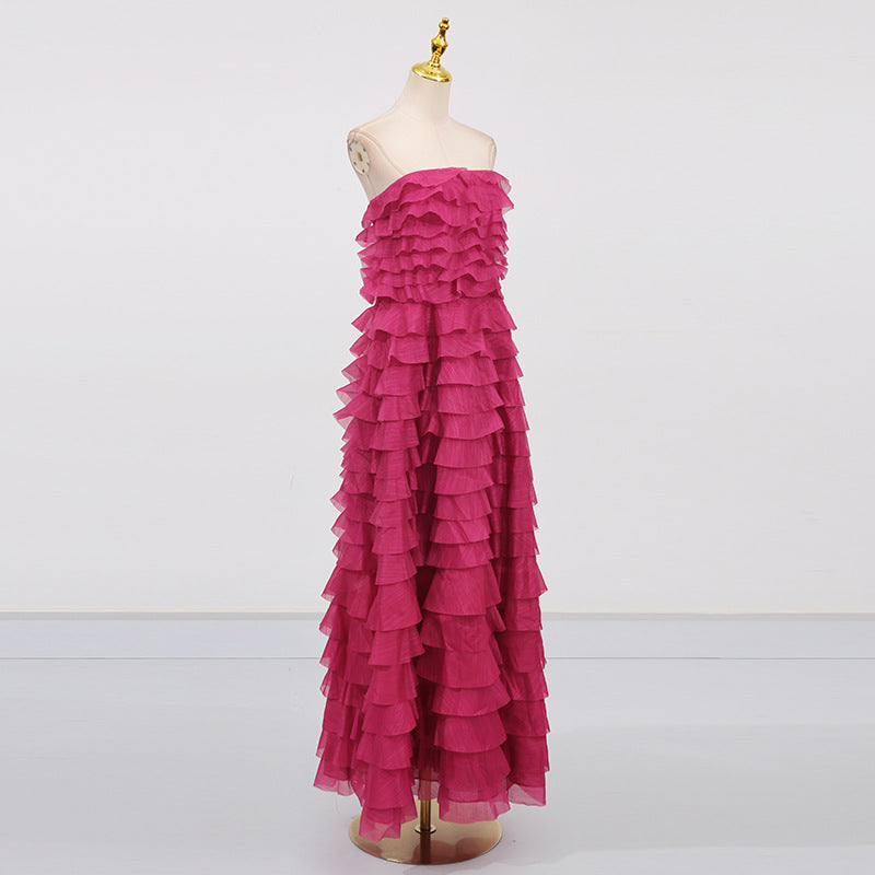 CATHY PLEATED STRAPLESS MAXI DRESS IN ROSE RED