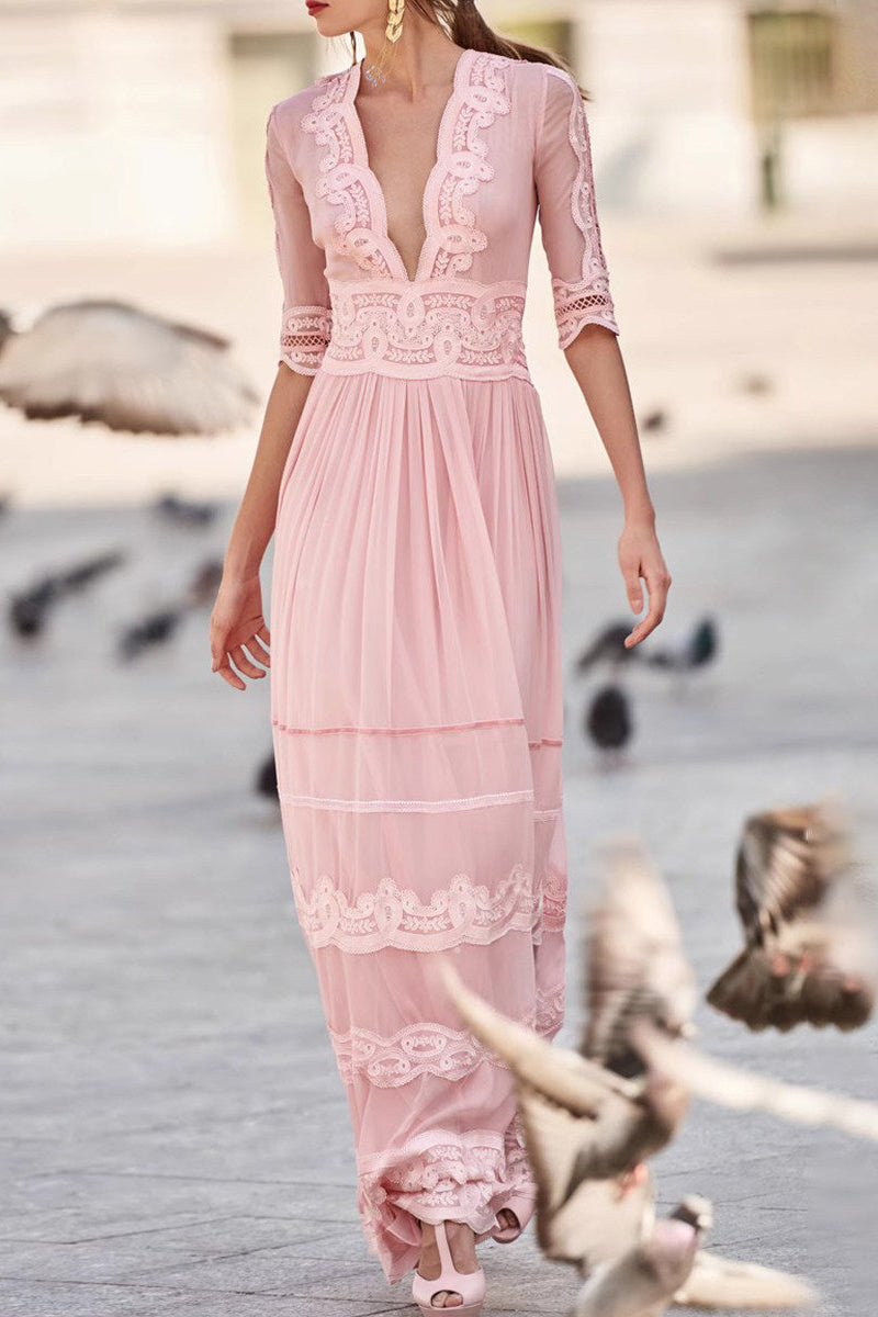 BLUSH PINK LACE V-NECK MAXI DRESS, ROMANTIC