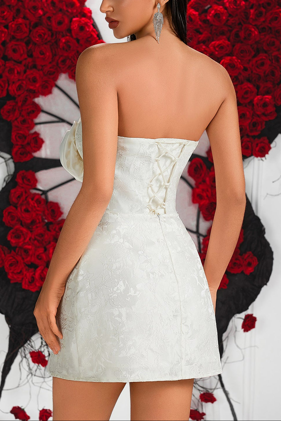JOYCE 3D FLOWER STRAPLESS WHITE MINI DRESS