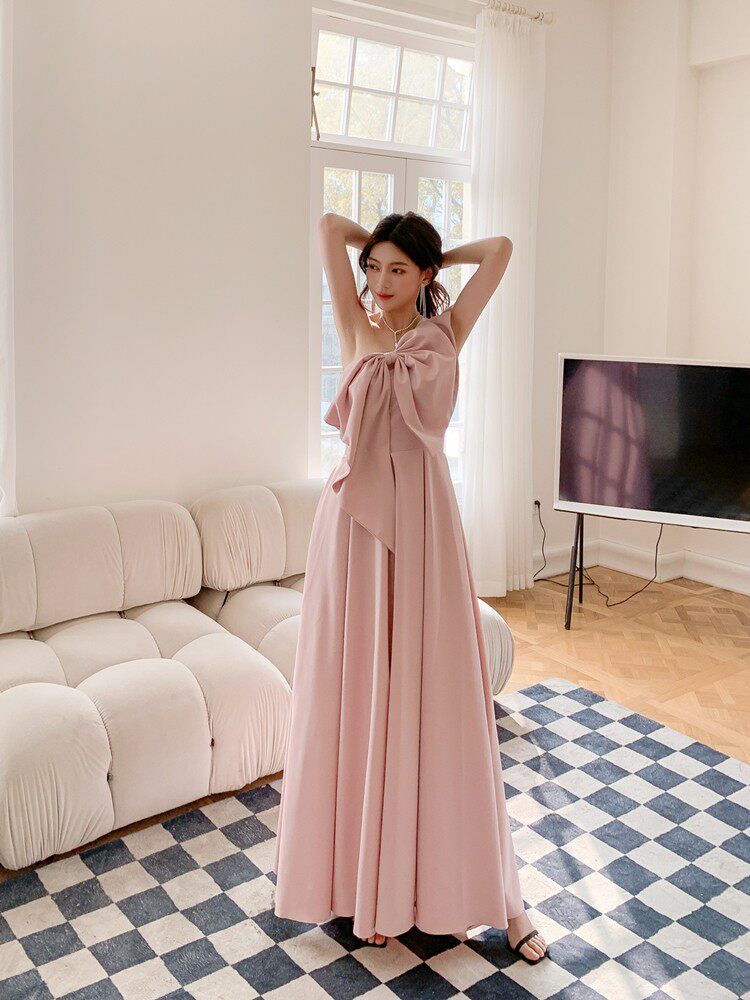 DOLORES OVERSIZED BOW STRAPLESS PINK MAXI DRESS