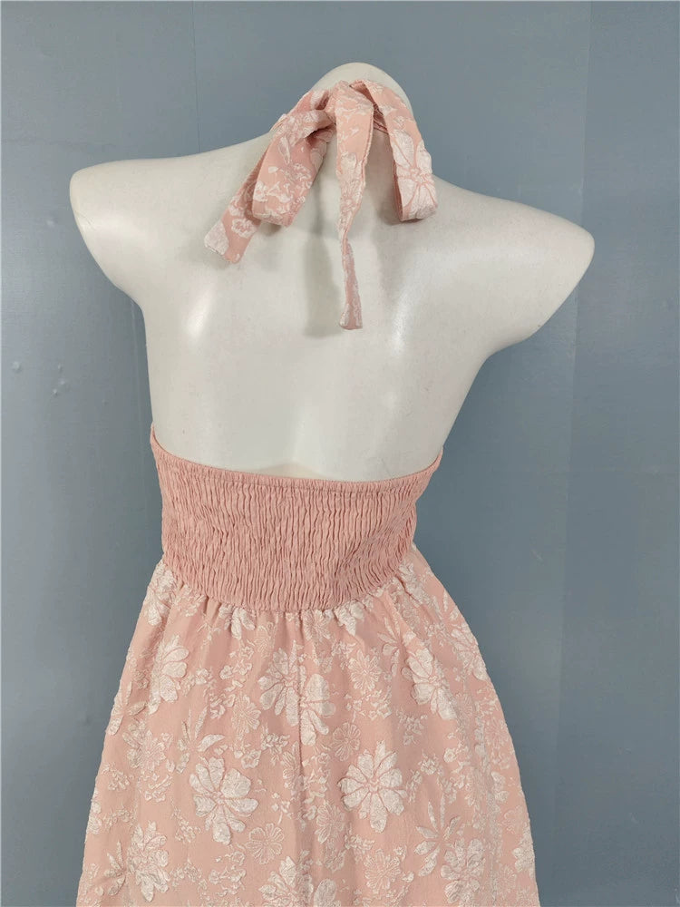 PINK JACQUARD HALTERNECK OPEN BACK SWING MIDI DRESS