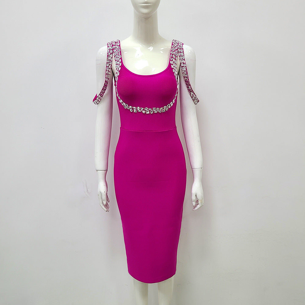 CRYSTAL BANDAGE MIDI DRESS HOT PINK PARTY