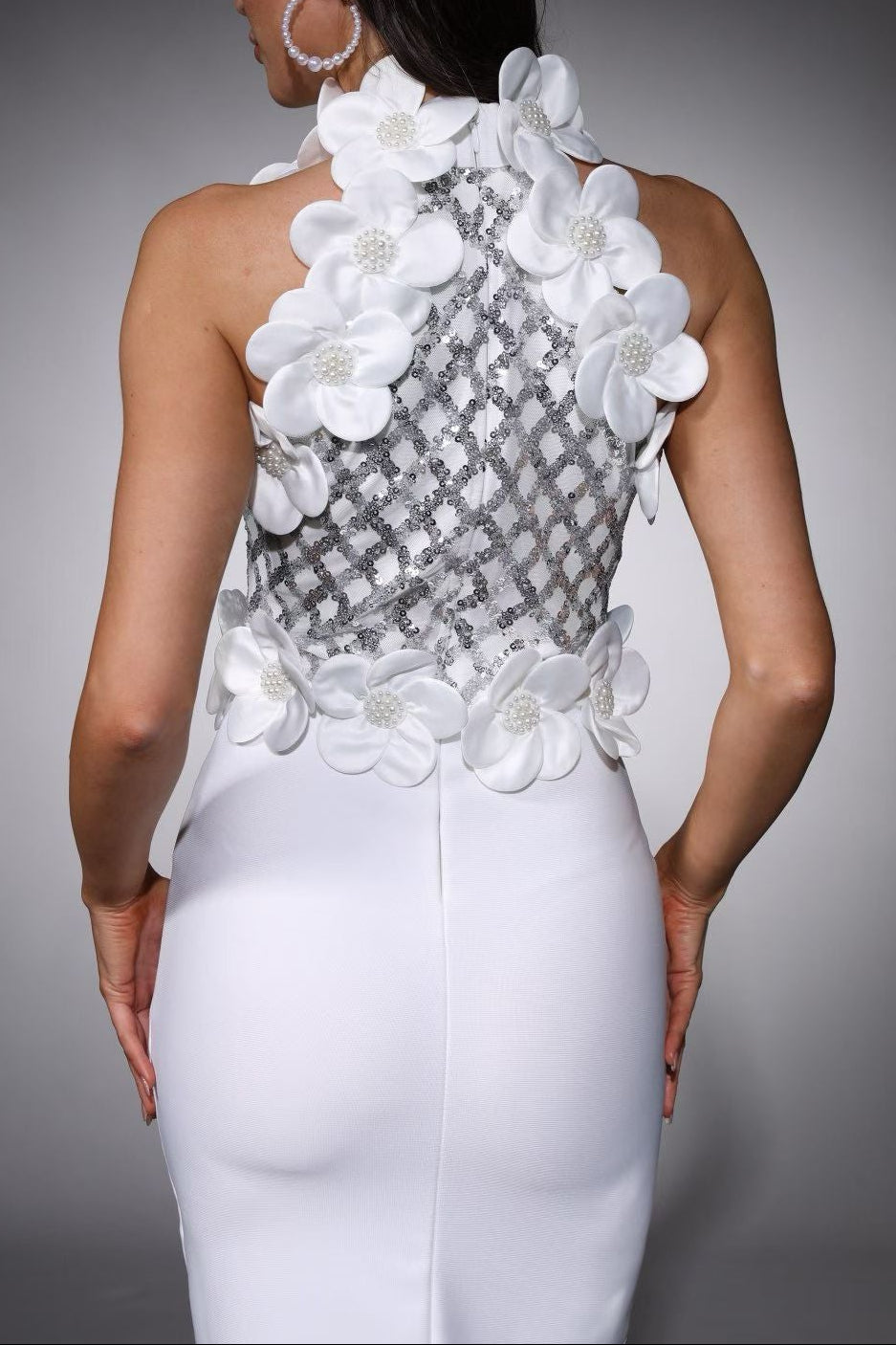 PHOENIX 3D FLOWER SEQUIN HALTER WHITE MAXI DRESS