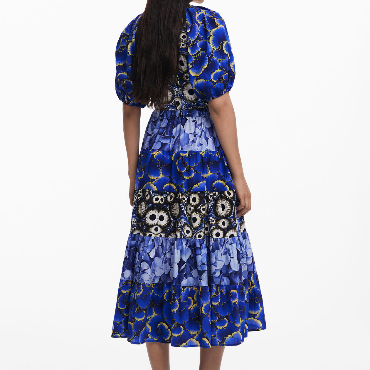 BLUE MIXED PRINT PUFF SLEEVE TIERED MIDI DRESS