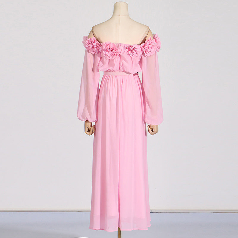 ASCELLA FLORAL SHOULDER MAXI DRESS IN PINK