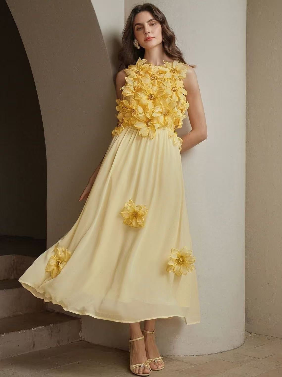3D FLOWER SLEEVELESS YELLOW MAXI DRESS FOR WEDDING GUEST