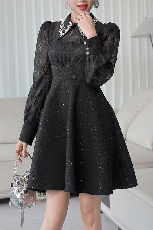 LYNN BLACK RHINESTONE LACE HOLLOW SLEEVE MINI DRESS