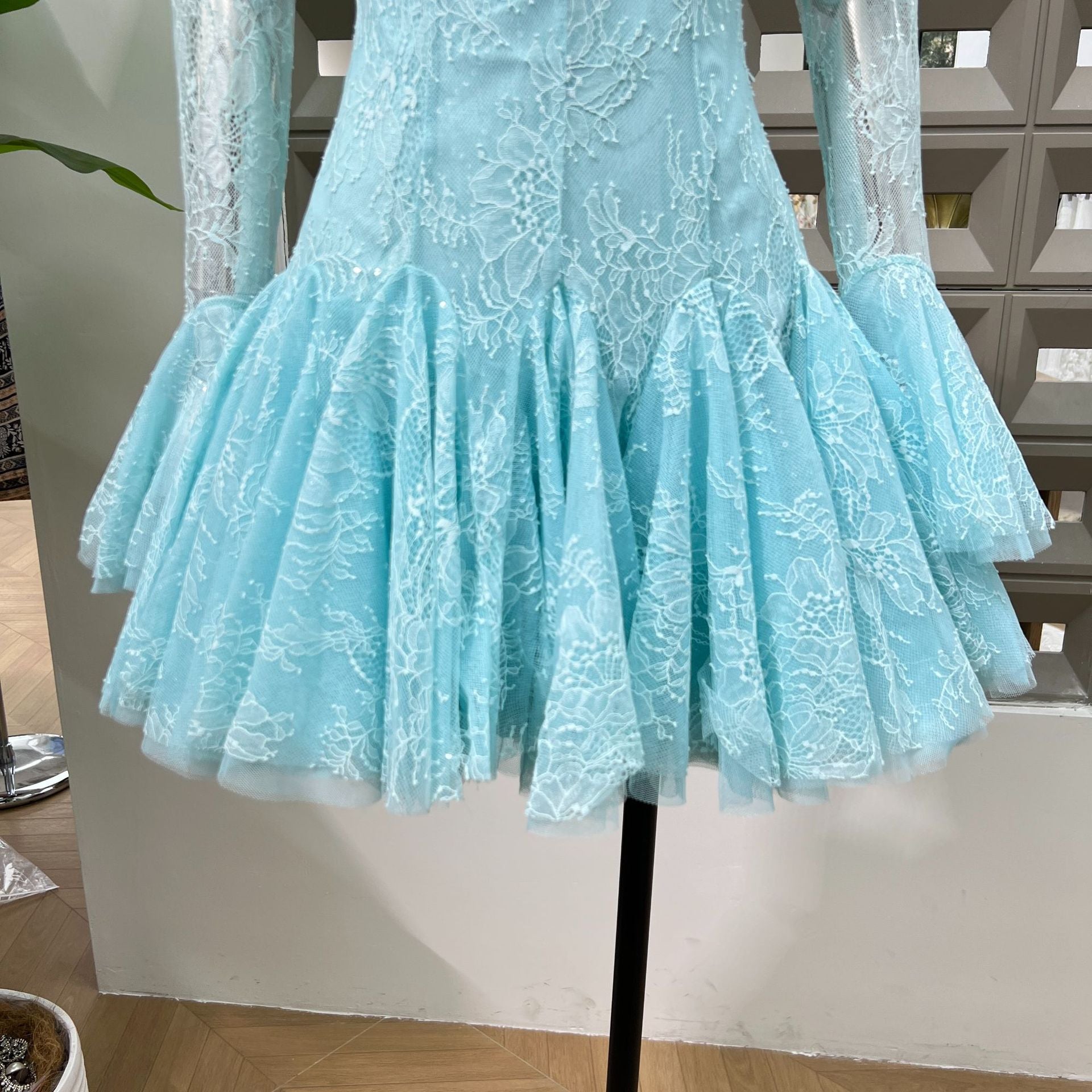BLUE EMBROIDERED FLARED MINI DRESS FOR PARTY