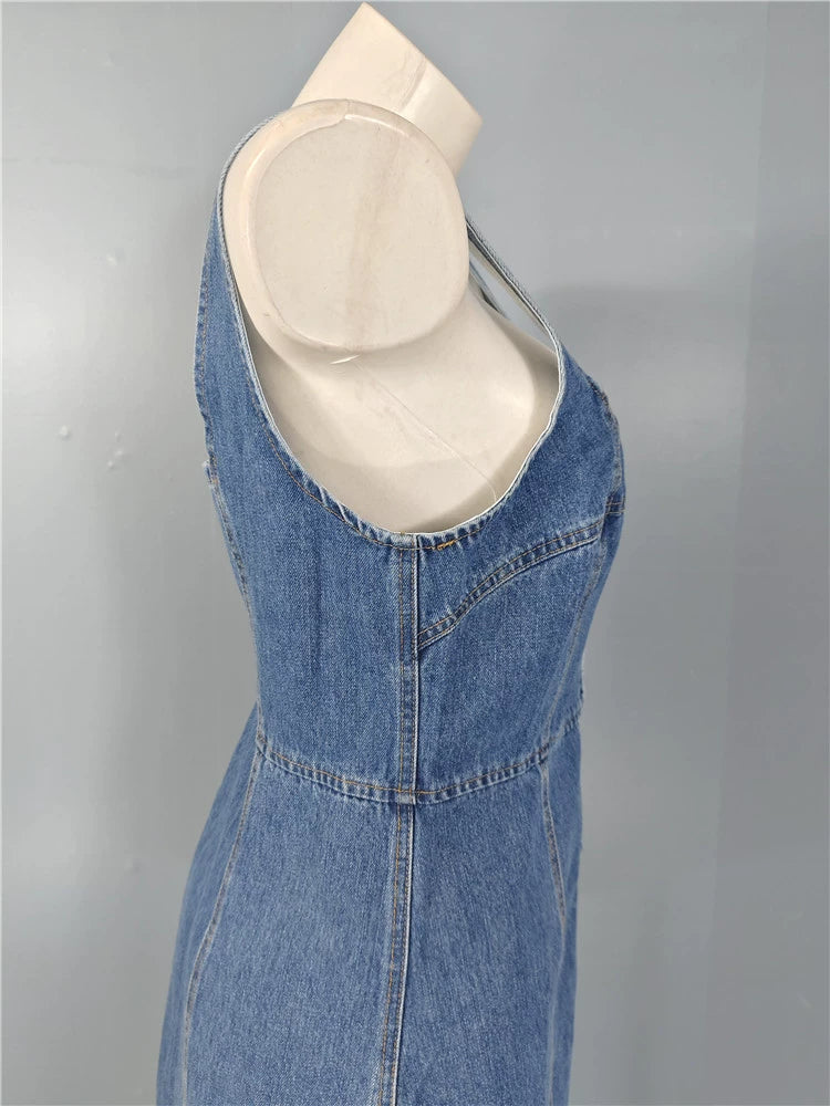 DENIM SQUARE NECK SUSPENDER SLIM MINI DRESS