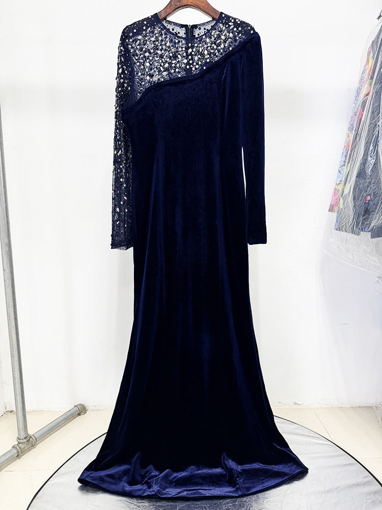 RIVA CRYSTAL VELVET COLUMN MAXI DRESS, DARK BLUE