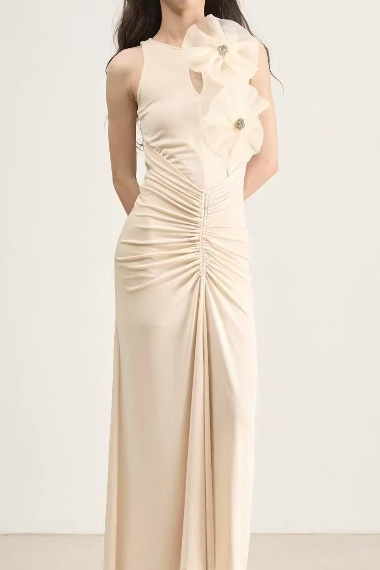 NICOLA WHITE BOW PLEATED BODYCON MAXI DRESS