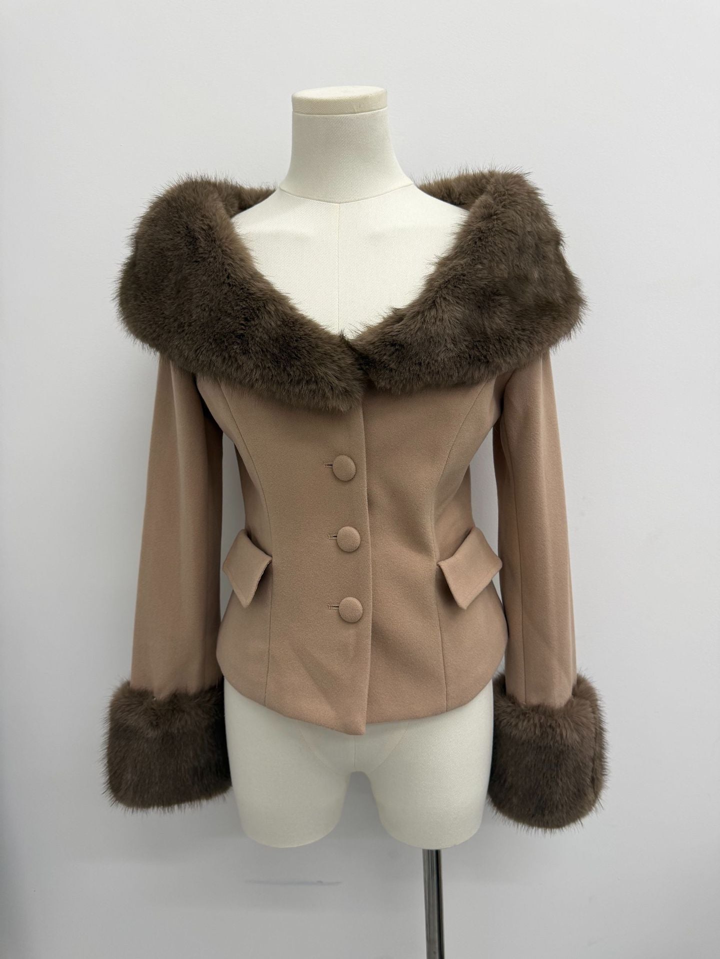 VICTORIA KHAKI FUR TRIM WOOL COAT