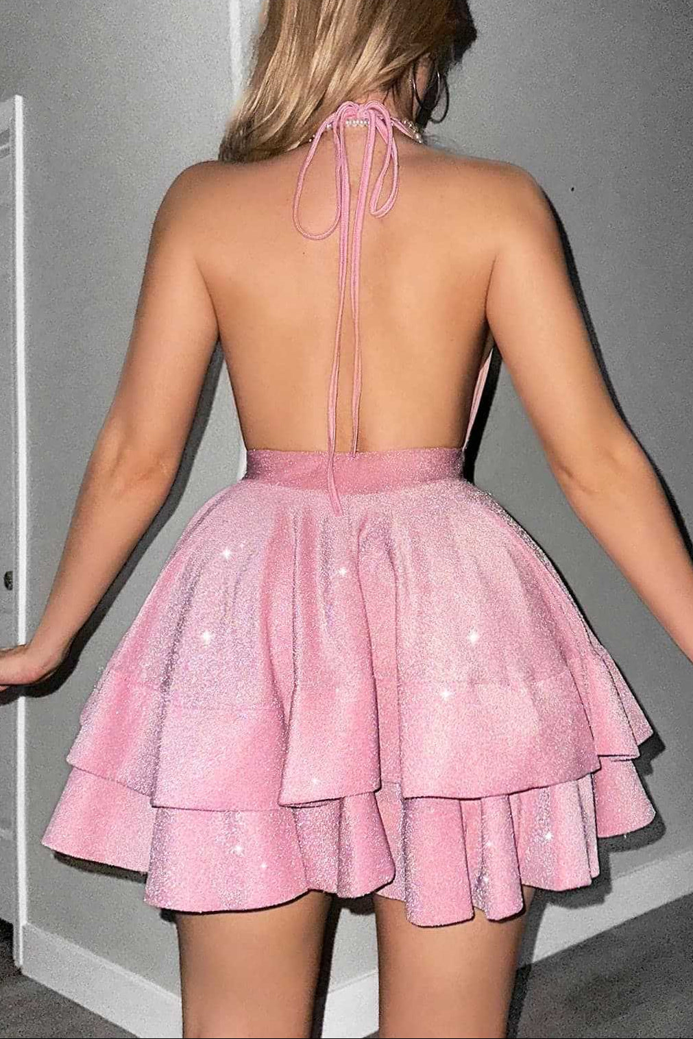 VIRGINIA A-LINE HALTER TIERED MINI DRESS PINK