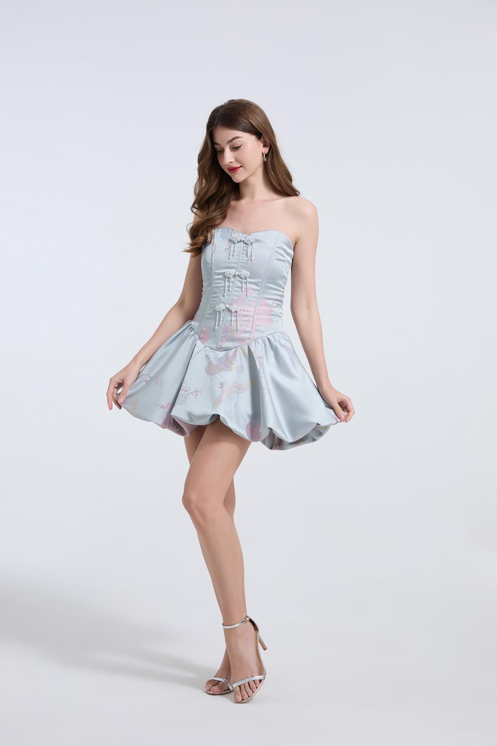 LISA JACQUARD FISHBONE A-LINE MINI DRESS BLUE