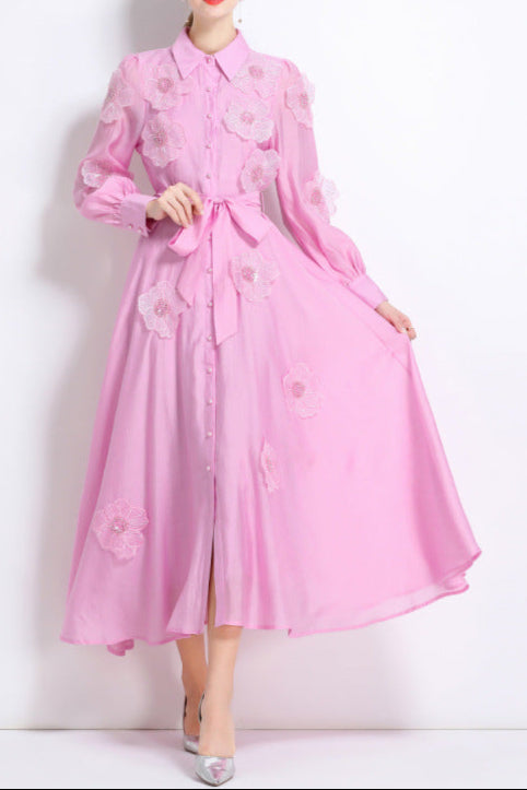SALLY EMBROIDERED APPLIQUÉ MIDI DRESS, PINK