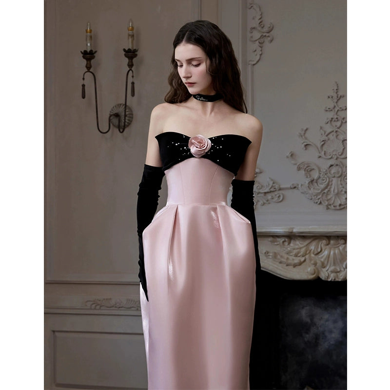 SATIN PINK FLOWER STRAPLESS MAXI PROM DRESS