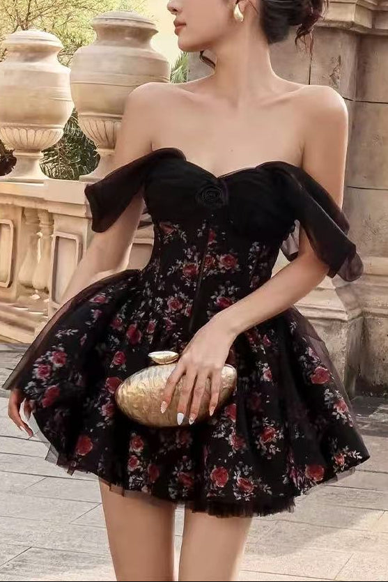 BONNIE STRAPLESS FLORAL MINI DRESS, BLACK PARTY