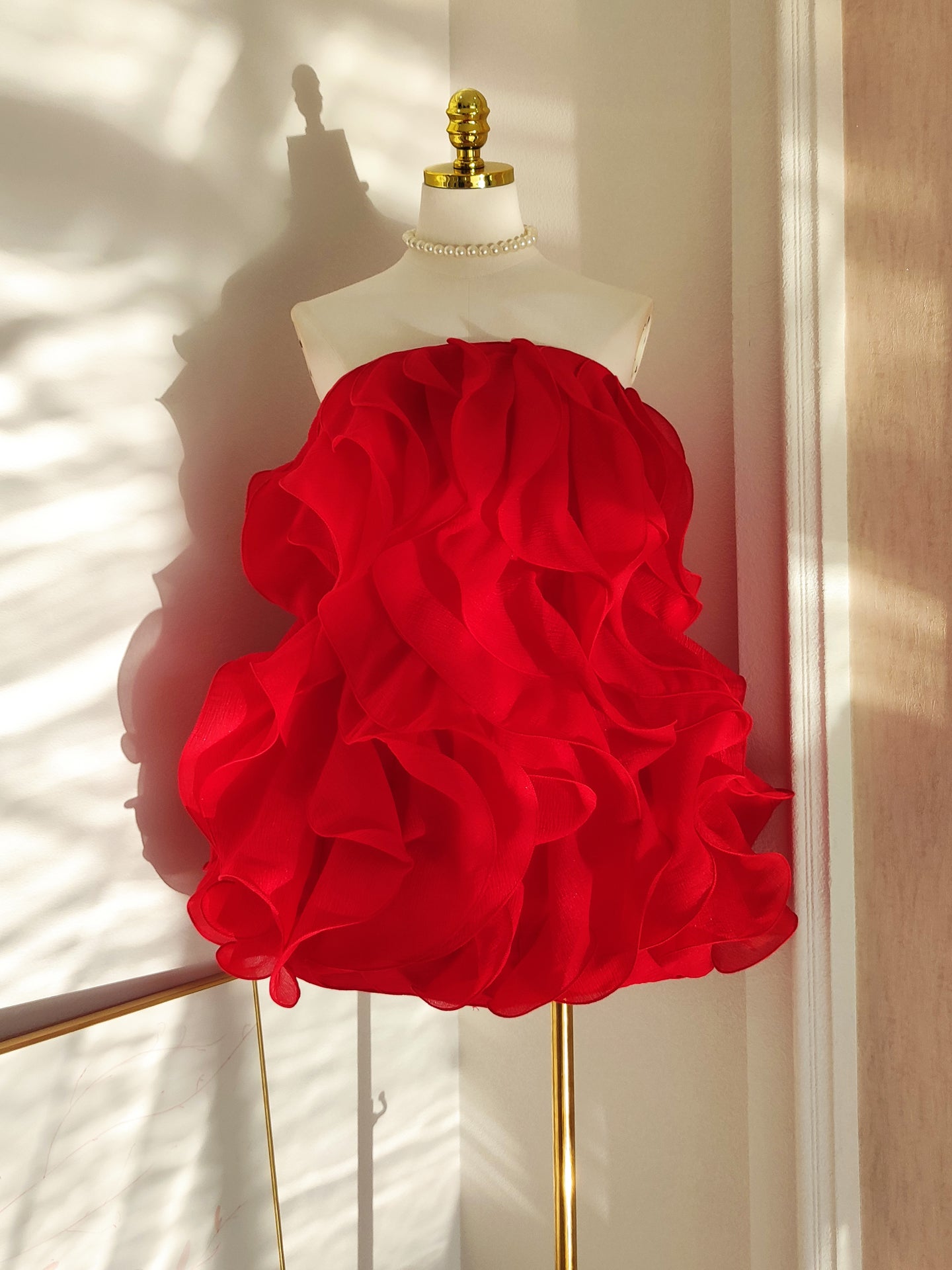 VERNA MULTI-LAYERED 3D PLEATED RED MINI DRESS