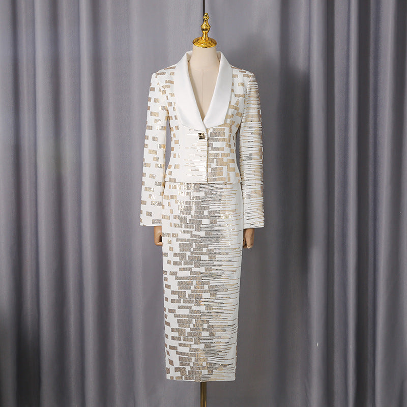 HIGH-WAIST GOLD SEQUIN SKIRT & BLAZER SUIT, WHITE