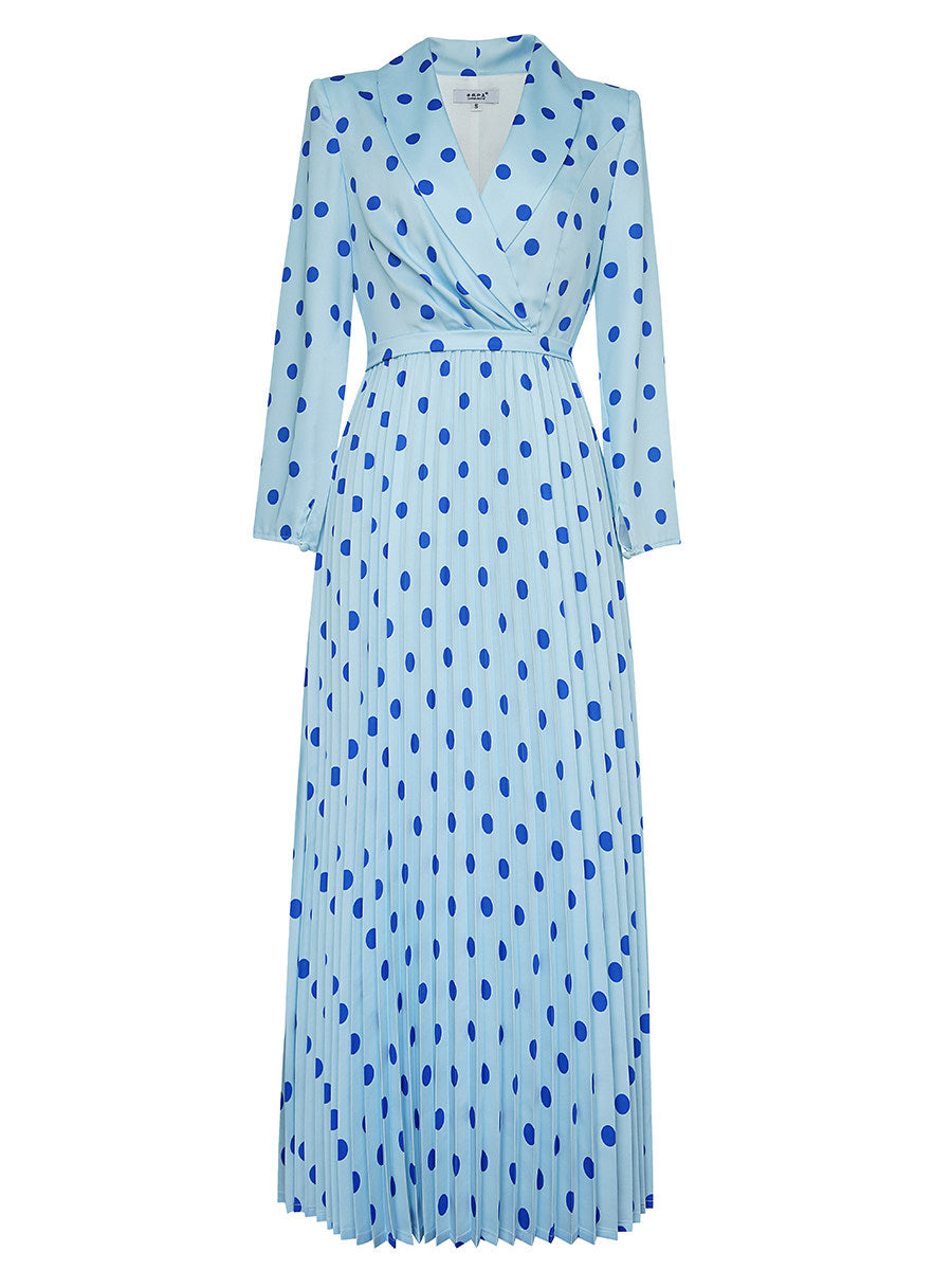 BLUE POLKA DOT V-NECK PLEATED MIDI DRESS