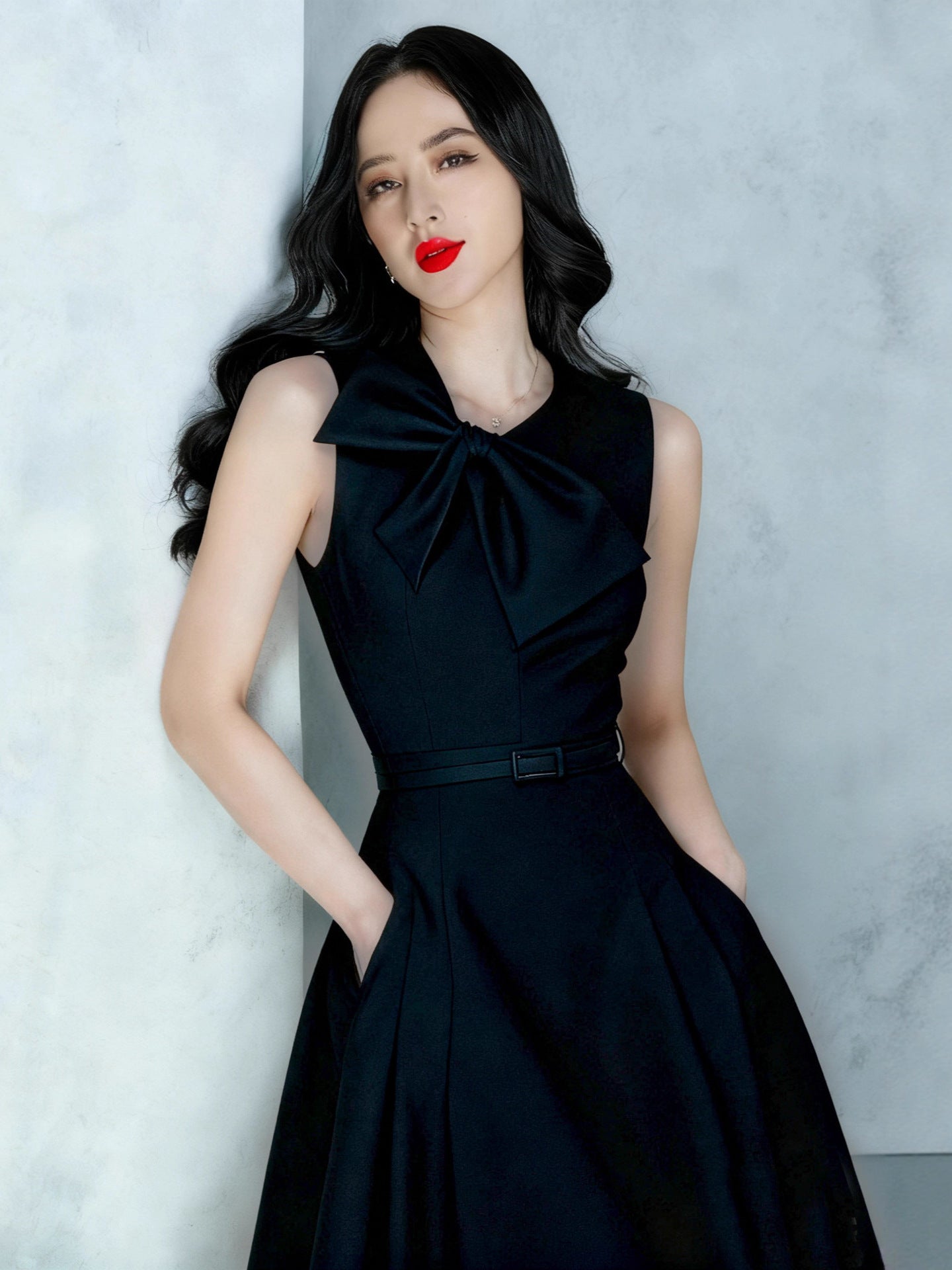 IRREGULAR BOW BELTED A-LINE MIDI DRESS