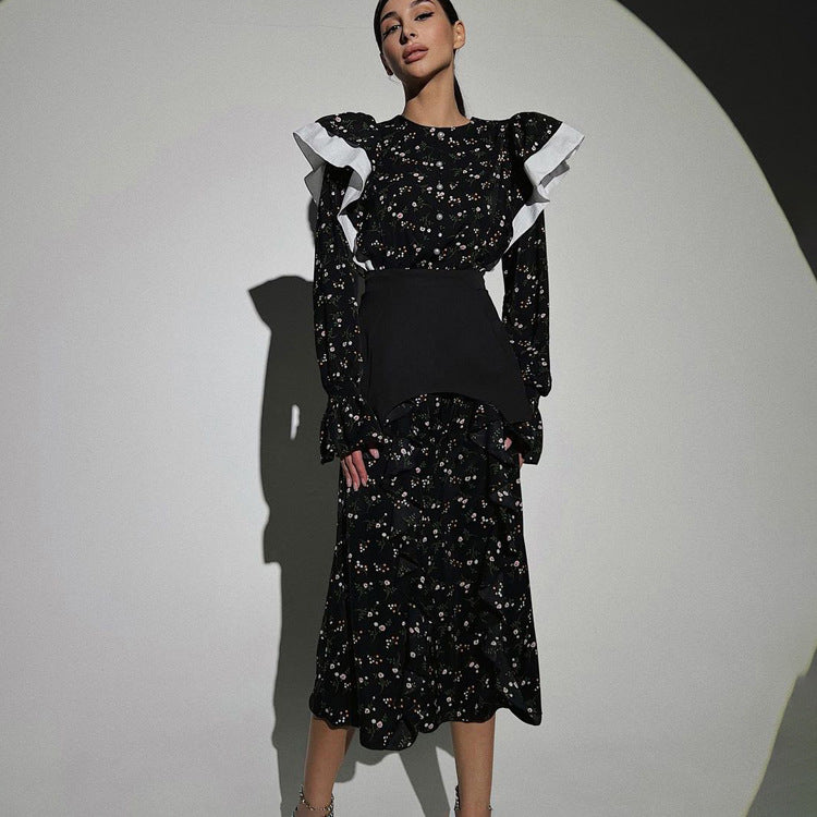 SEBASTIANE FLORAL MIDI DRESS, BLACK RUFFLE