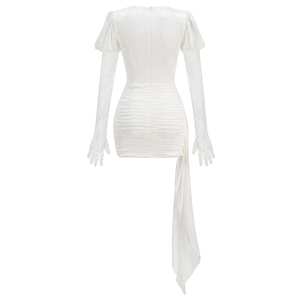 DARIEL FLORAL JACQUARD CUTOUT DRAPED MINI DRESS - WHITE