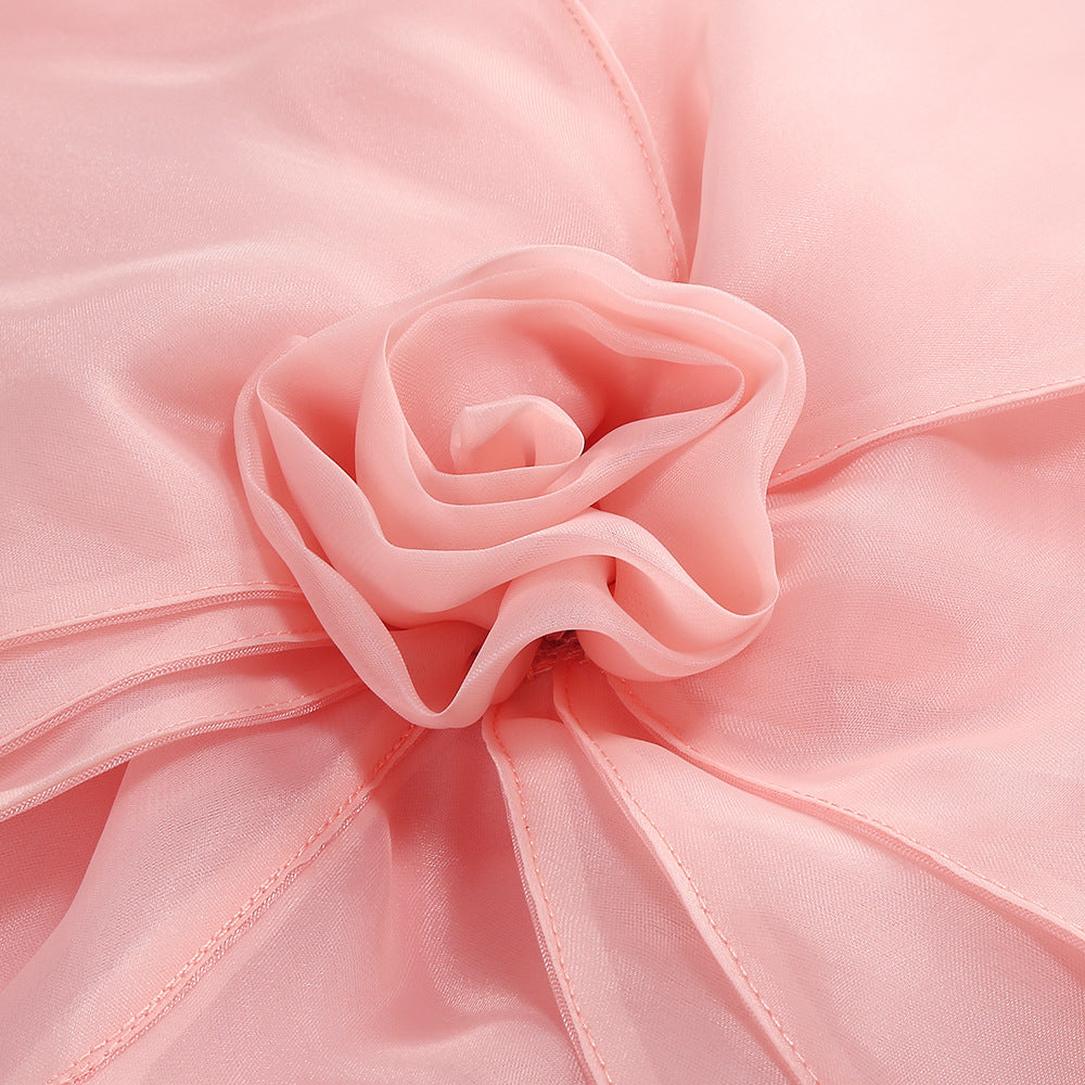 PINK ONE SHOULDER MESH FLOWER MIDI DRESS