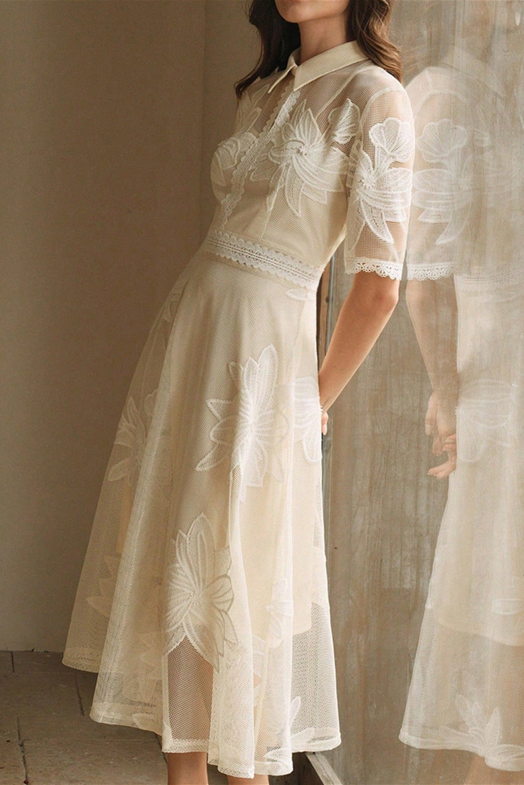 O1CN01Abo0zj1SCglpGdIkR__2218463162211-0-cib LACE EMBROIDERED SHIRT COLLAR MIDI DRESS APRICOT