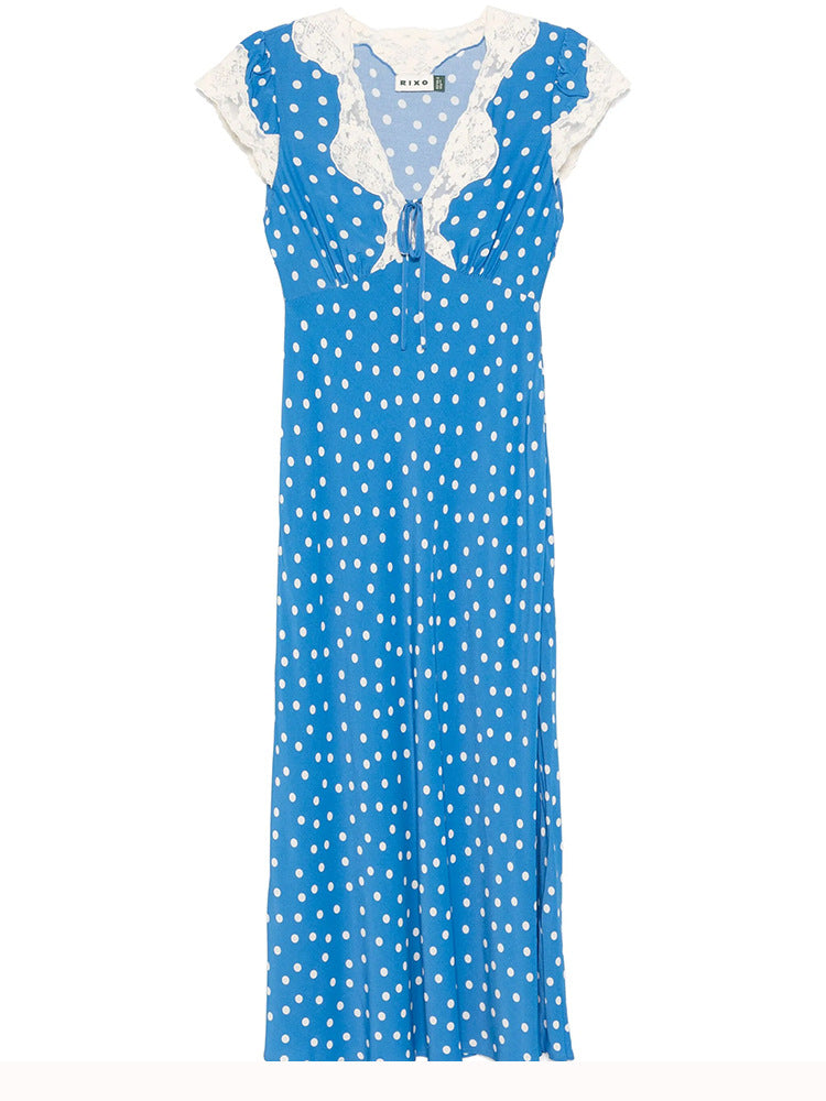 POLKA DOT LACE V-NECK MAXI DRESS IN BLUE