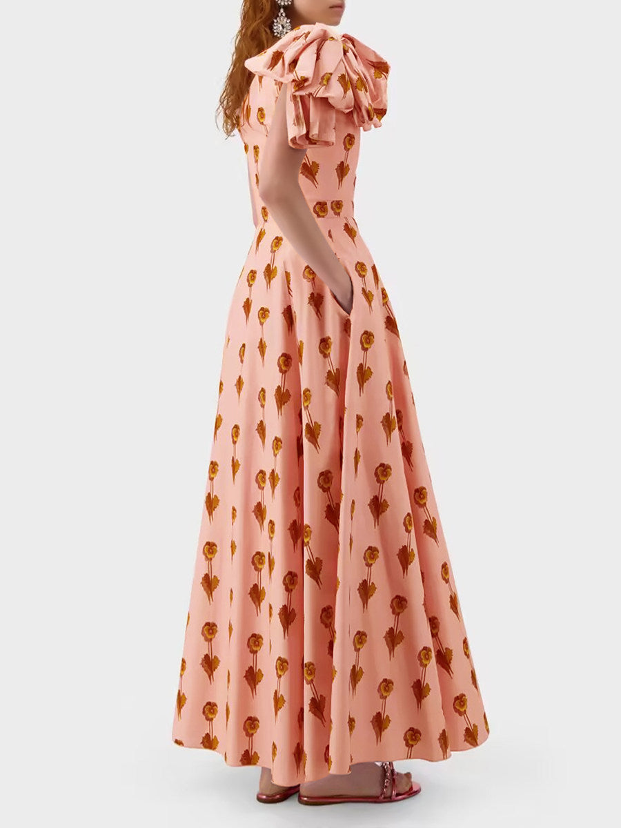 PINK BOW PRINT SLANTED SHOULDER DRESS