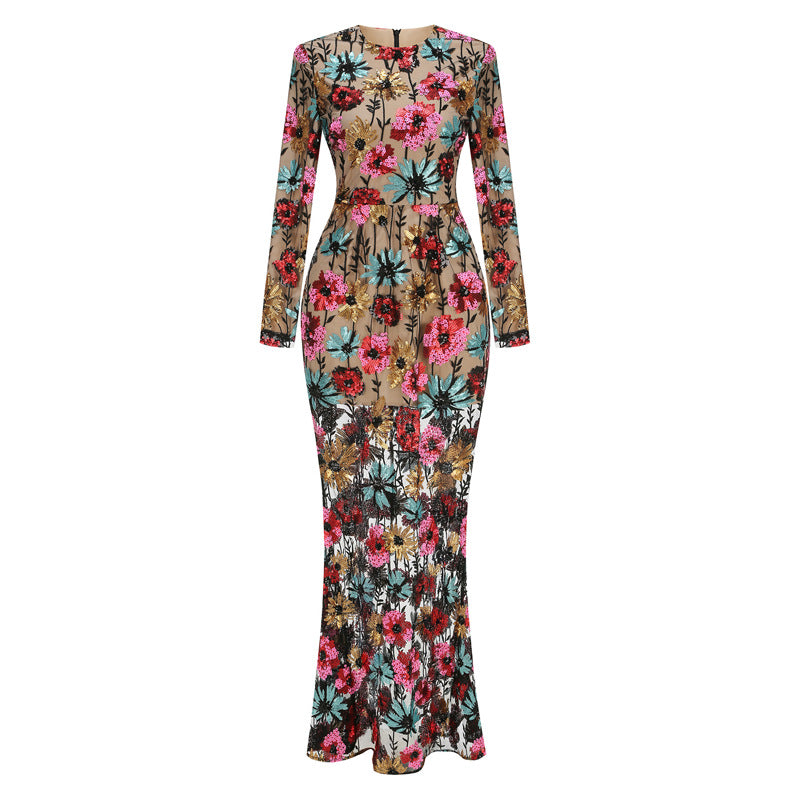 COLORFUL FLORAL EMBROIDERED MAXI DRESS FOR PARTIES