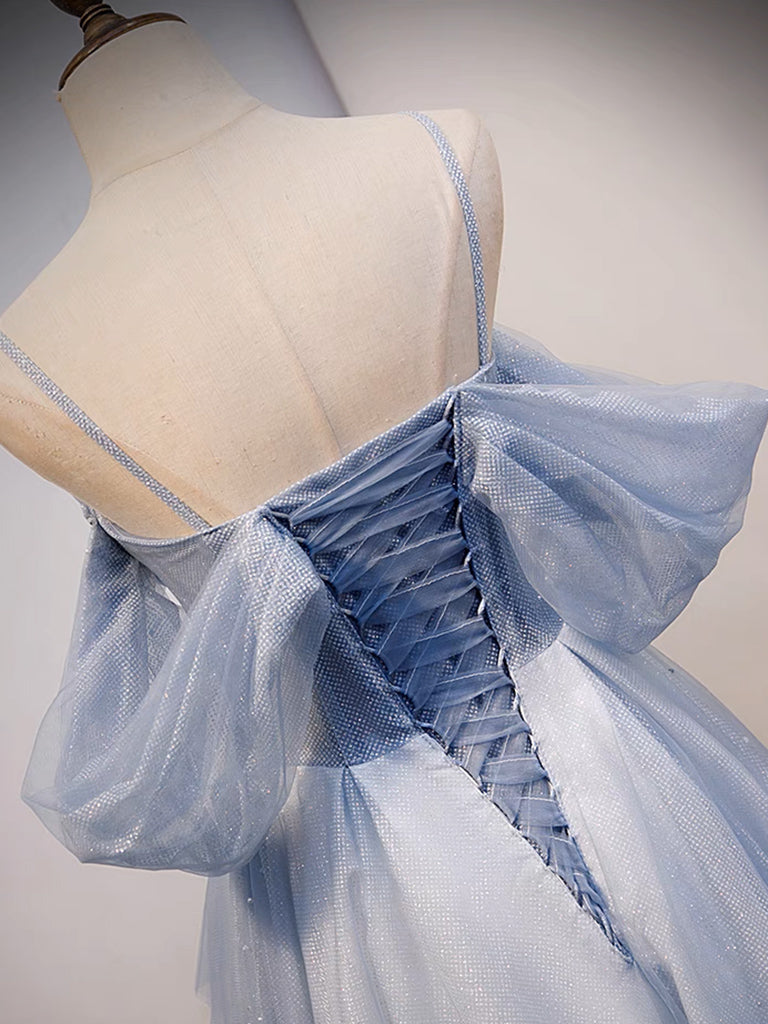 A-LINE OFF-SHOULDER TULLE GRAY BLUE PROM DRESS