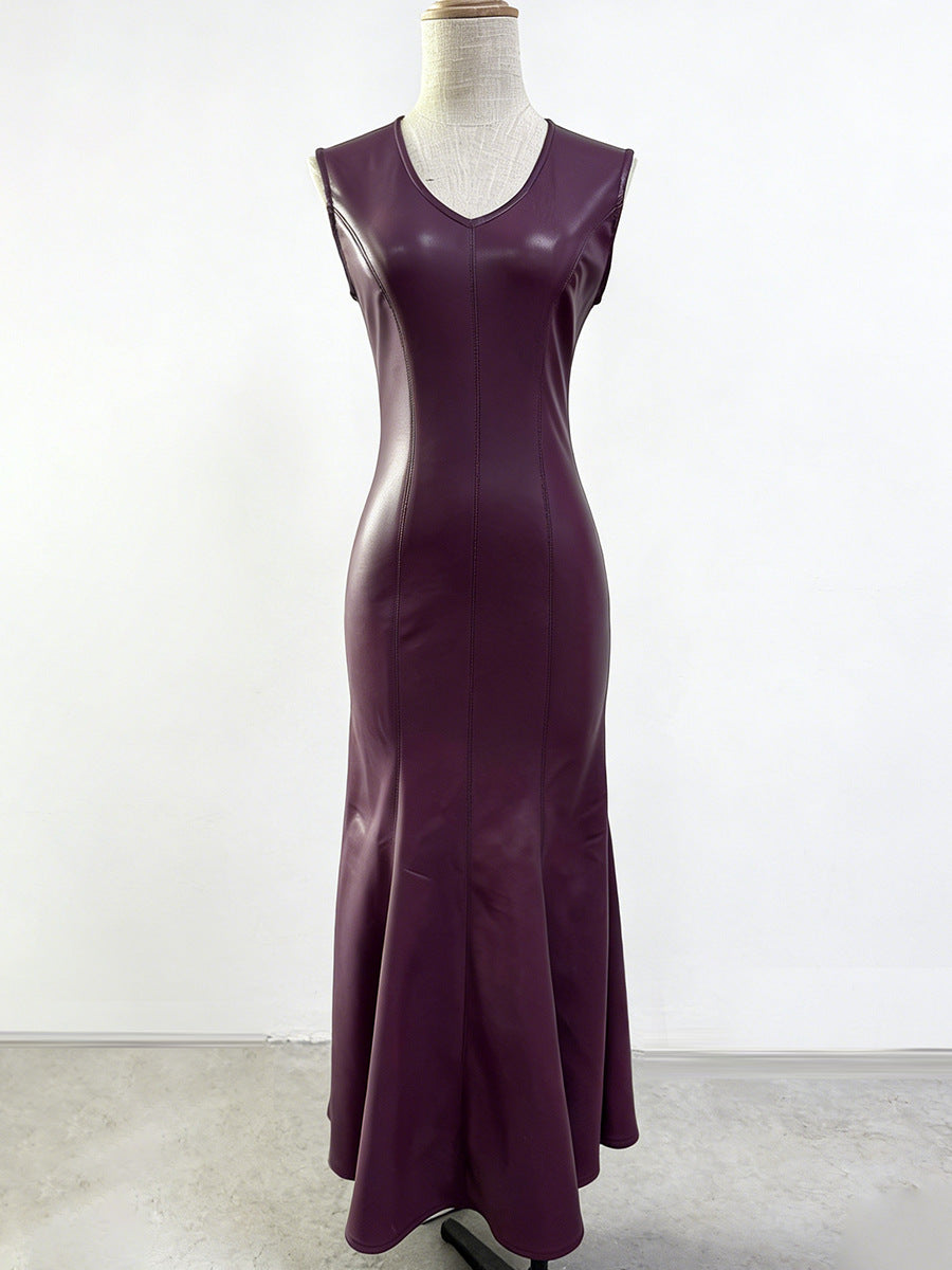 OPHELIA V-NECK SLEEVELESS BURGUNDY LEATHER MAXI DRESS