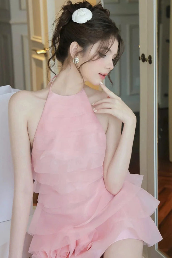 3D FLOWER HALTER MINI DRESS IN PINK FOR PARTY